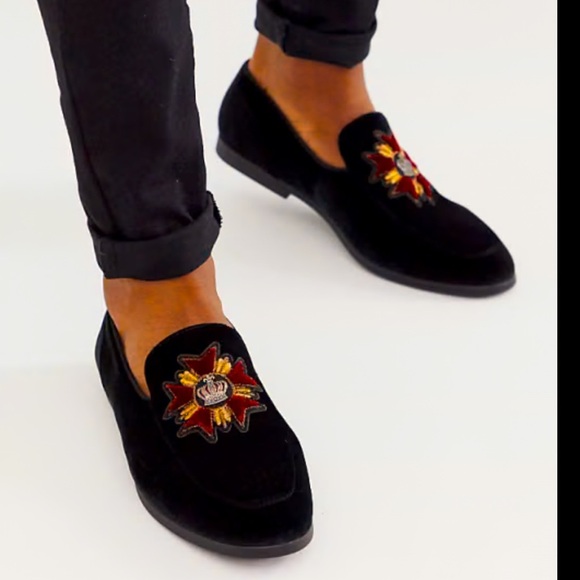 ASOS Men’s Black Velvet Loafers with Embroidered Design - Picture 1 of 5
